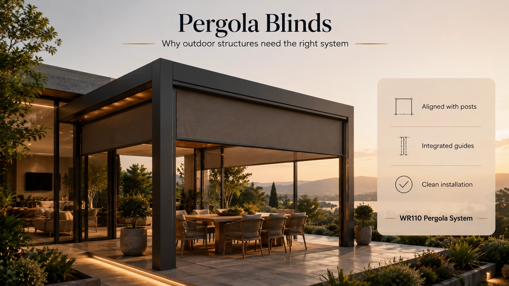 Pergola windproof roller blinds integrated with modern outdoor architecture